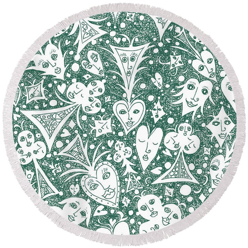 Lise Winne Round Beach Towel featuring the drawing Playing Card Symbols with Faces in Hunter Green by Lise Winne