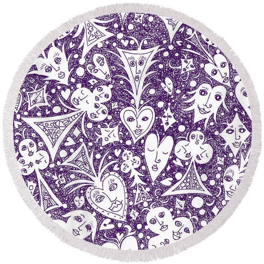 Lise Winne Round Beach Towel featuring the drawing Playing Card Symbols with Faces in Purple by Lise Winne