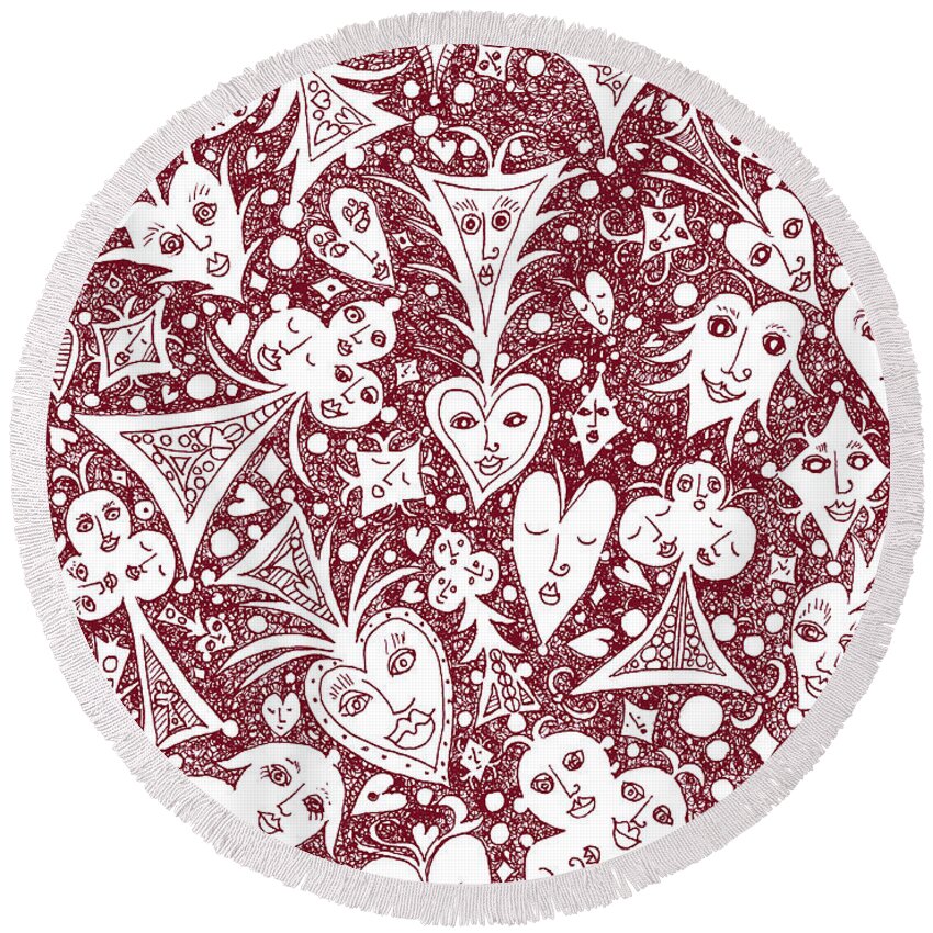Lise Winne Round Beach Towel featuring the drawing Playing Card Symbols with Faces in Red by Lise Winne