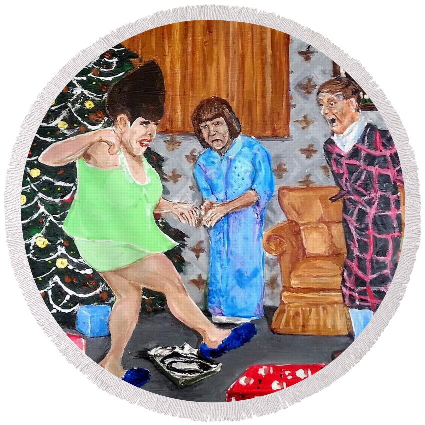 Divine Christmas Cha-cha Heels 1974 Female Trouble John Waters Cult Film Betty Woods Roland Hertz Baltimore Cookie Mueller Dawn Davenport Transvestite Round Beach Towel featuring the painting Please Dawn Not on Christmas by Jonathan Morrill