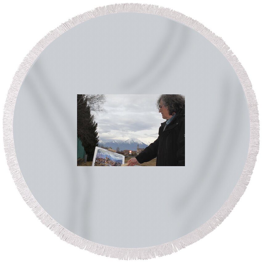  Round Beach Towel featuring the painting Plein Air in Limano, Belluno, Italy by Ylli Haruni