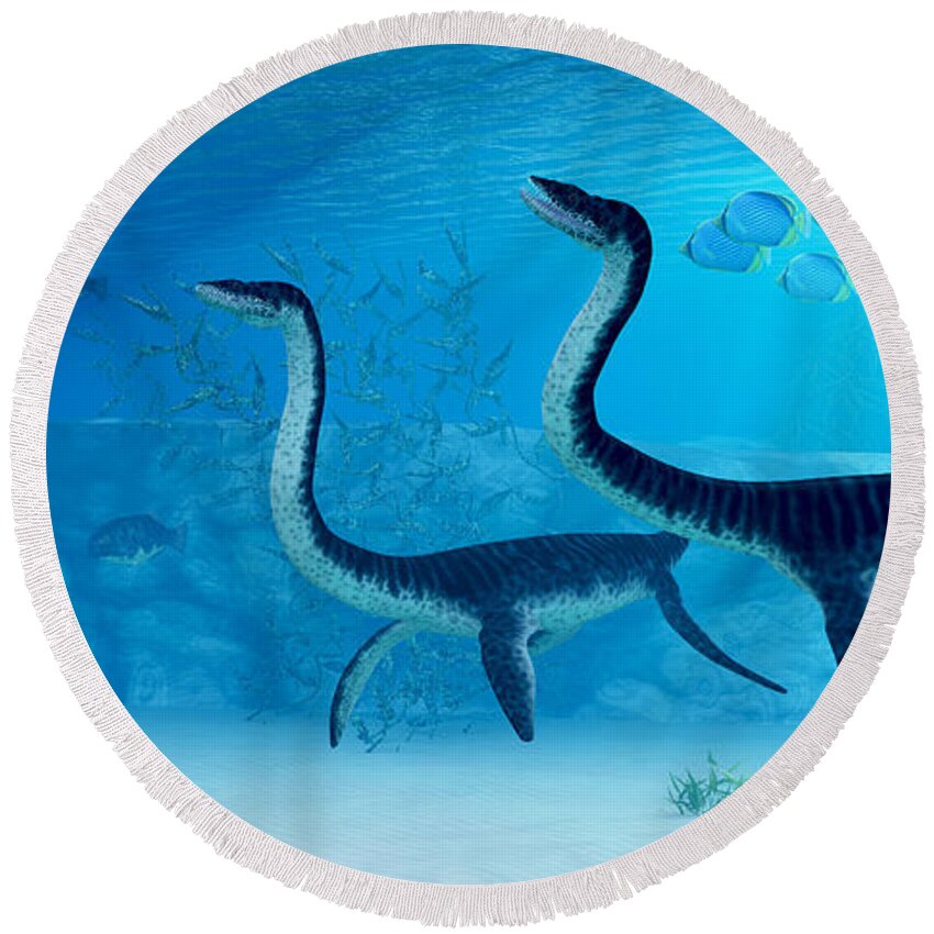Plesiosaurus Round Beach Towel featuring the painting Plesiosaurus Dinosaur by Corey Ford