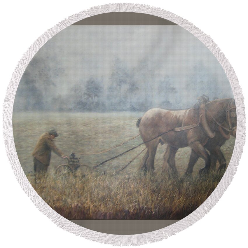 Lnature Round Beach Towel featuring the painting Plowing It the Old Way by Donna Tucker