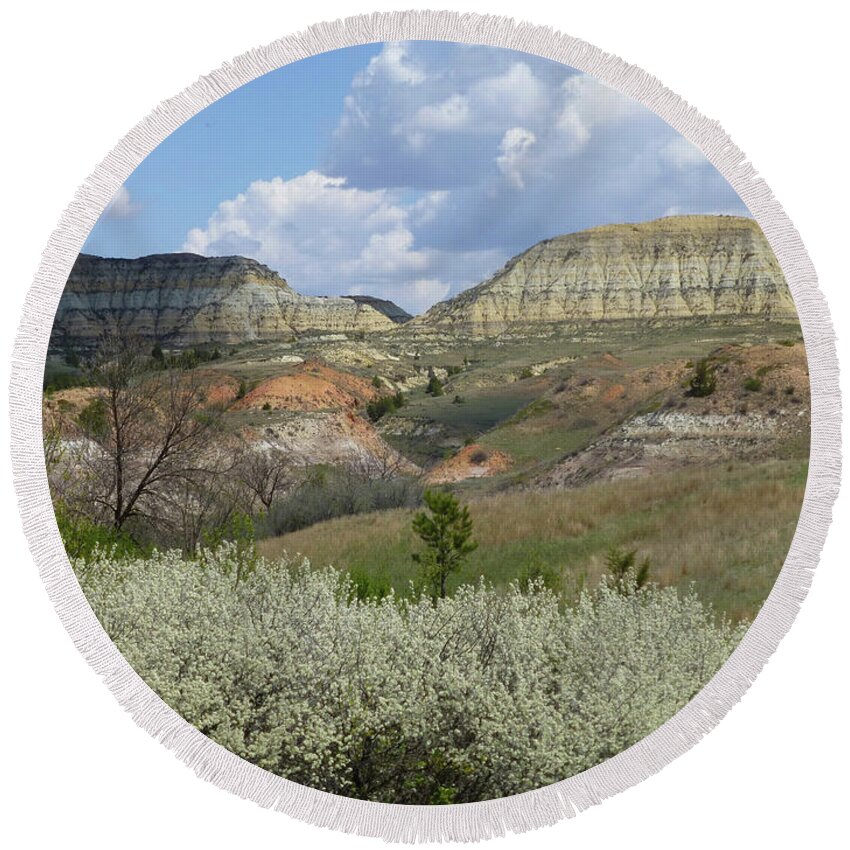 North Dakota Round Beach Towel featuring the photograph Plum Thicket near the Burning Coal Vein by Cris Fulton