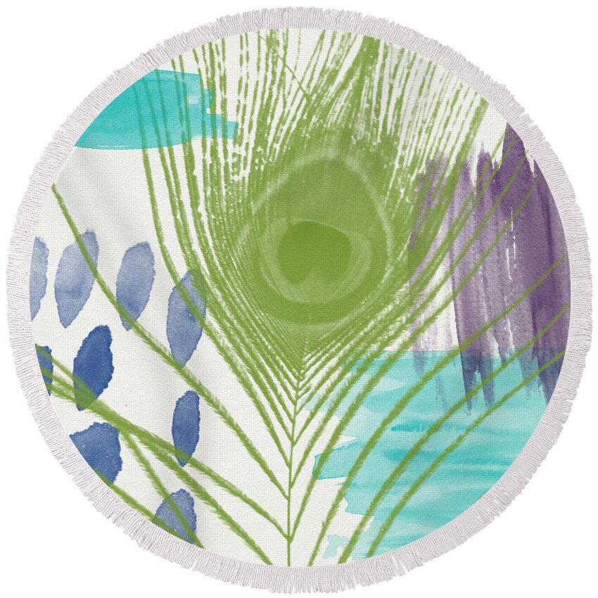 Peacock Round Beach Towel featuring the painting Plumage 4- Art by Linda Woods by Linda Woods