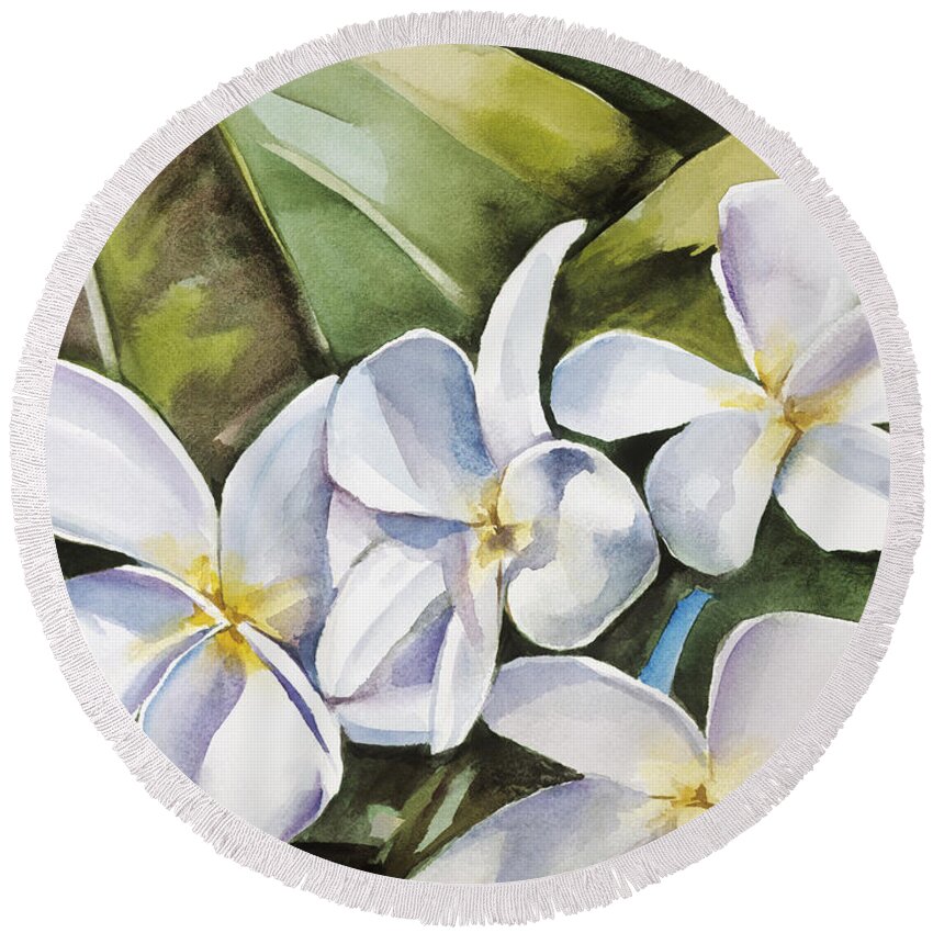 Among Round Beach Towel featuring the painting Plumeria II by Han Choi - Printscapes