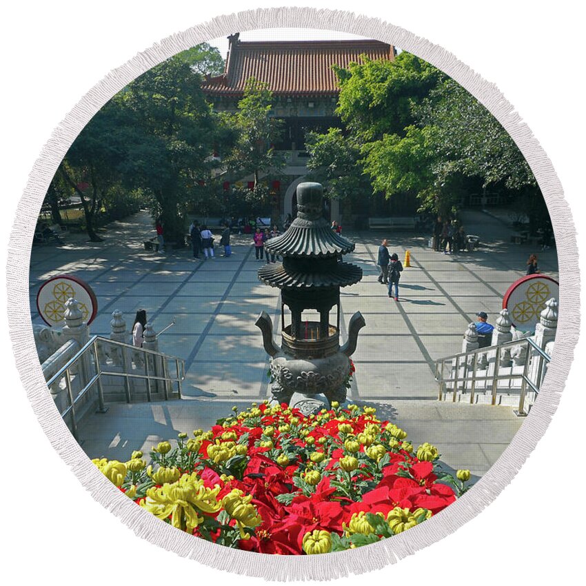 Hong Kong Round Beach Towel featuring the photograph Po Lin Monastery 9 by Ron Kandt