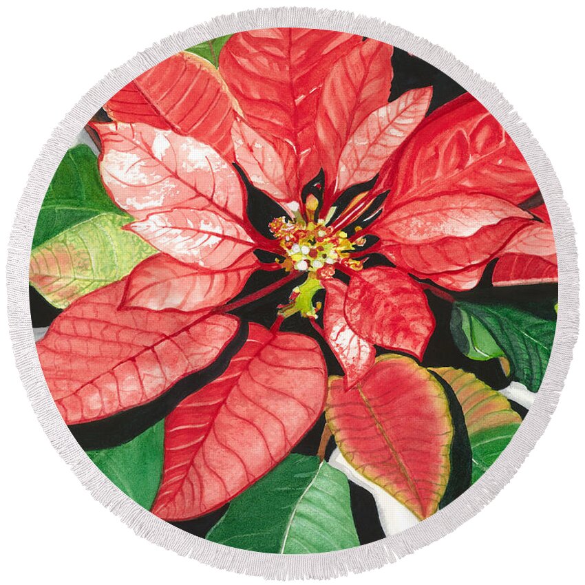 Red Flower Round Beach Towel featuring the painting Poinsettia, Star of Bethlehem by Barbara Jewell