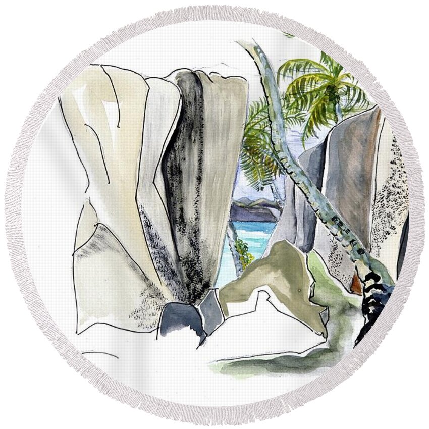 Significant Island Landmark Round Beach Towel featuring the painting Pointe Source de l'Argent - Seychelles by Joan Cordell