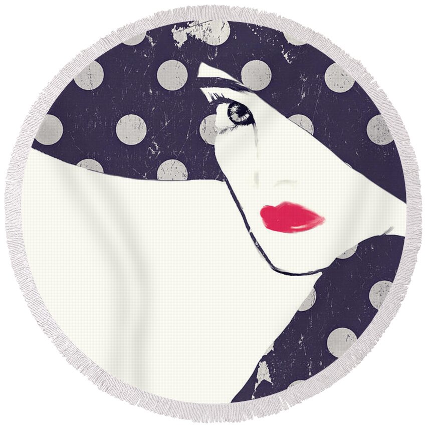 Polka Dots Round Beach Towel featuring the painting Polka Dot Fashion Hat by Mindy Sommers