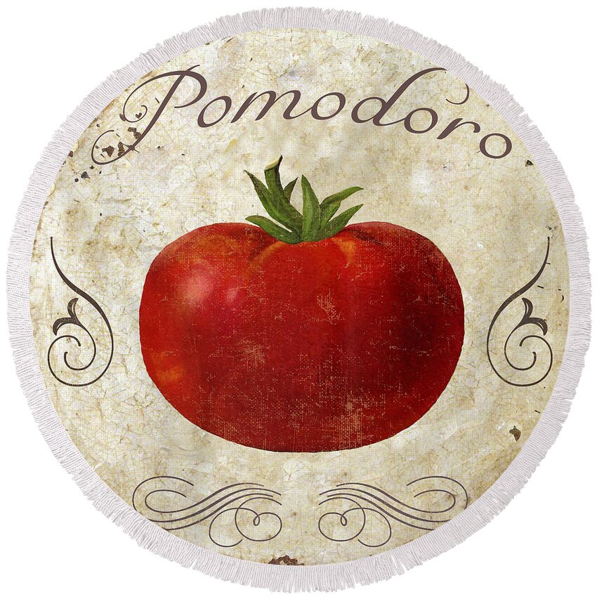 Tomato Round Beach Towel featuring the painting Pomodoro Tomato Italian Kitchen by Mindy Sommers