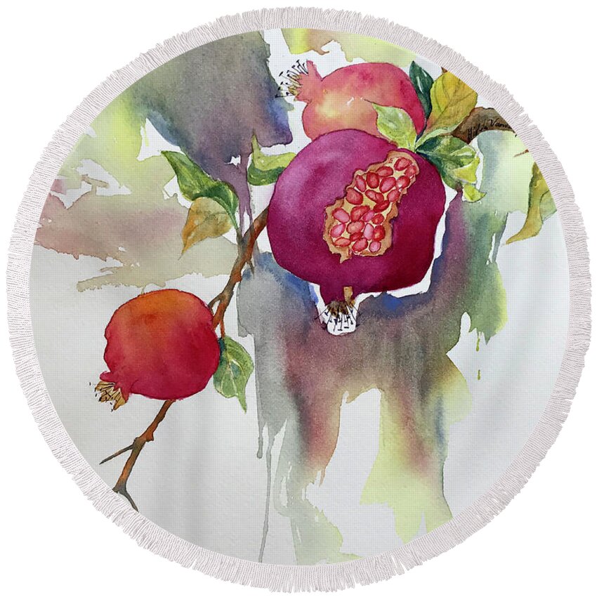 Pomegranates Round Beach Towel featuring the painting Pomegranates by Hilda Vandergriff