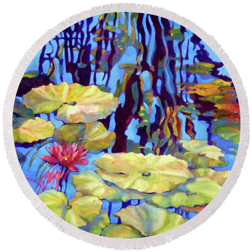 Top Artist Round Beach Towel featuring the painting POND 2 Pond Series by Sharon Nelson-Bianco