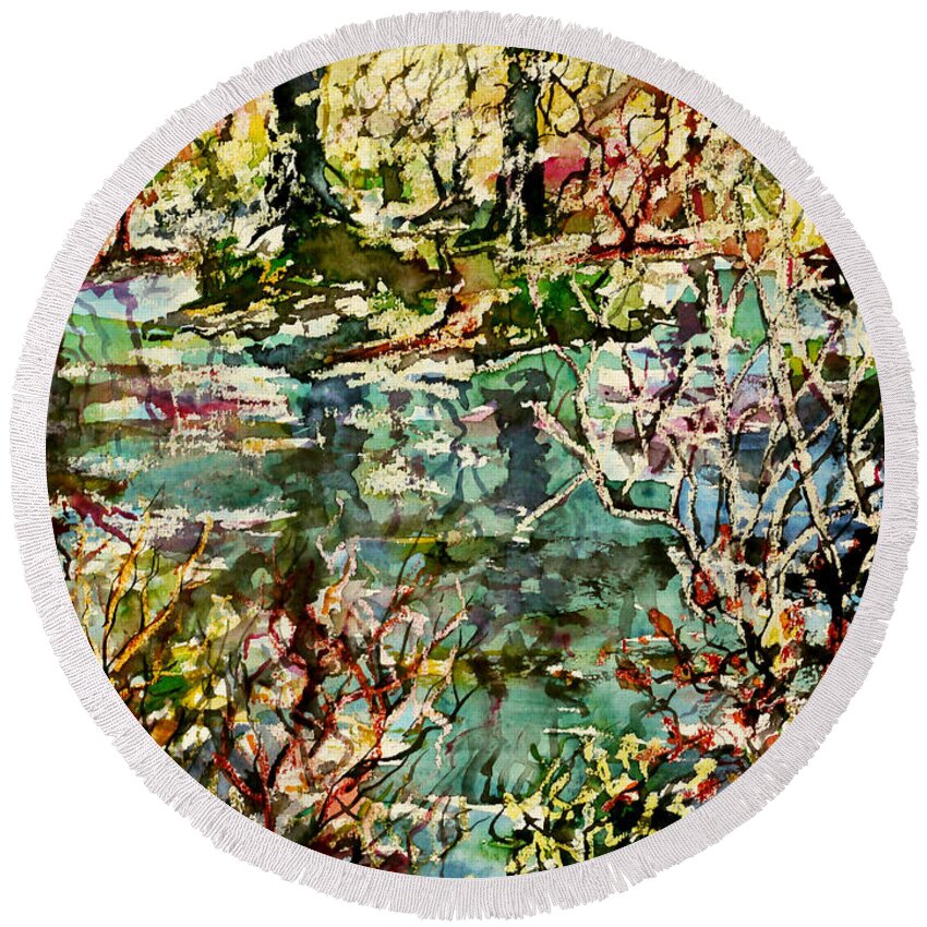 Watercolor Round Beach Towel featuring the painting Pond and Beyond by Almo M
