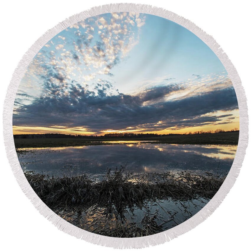 Pond Round Beach Towel featuring the photograph Pond and Sky Reflection2 by Steve Somerville