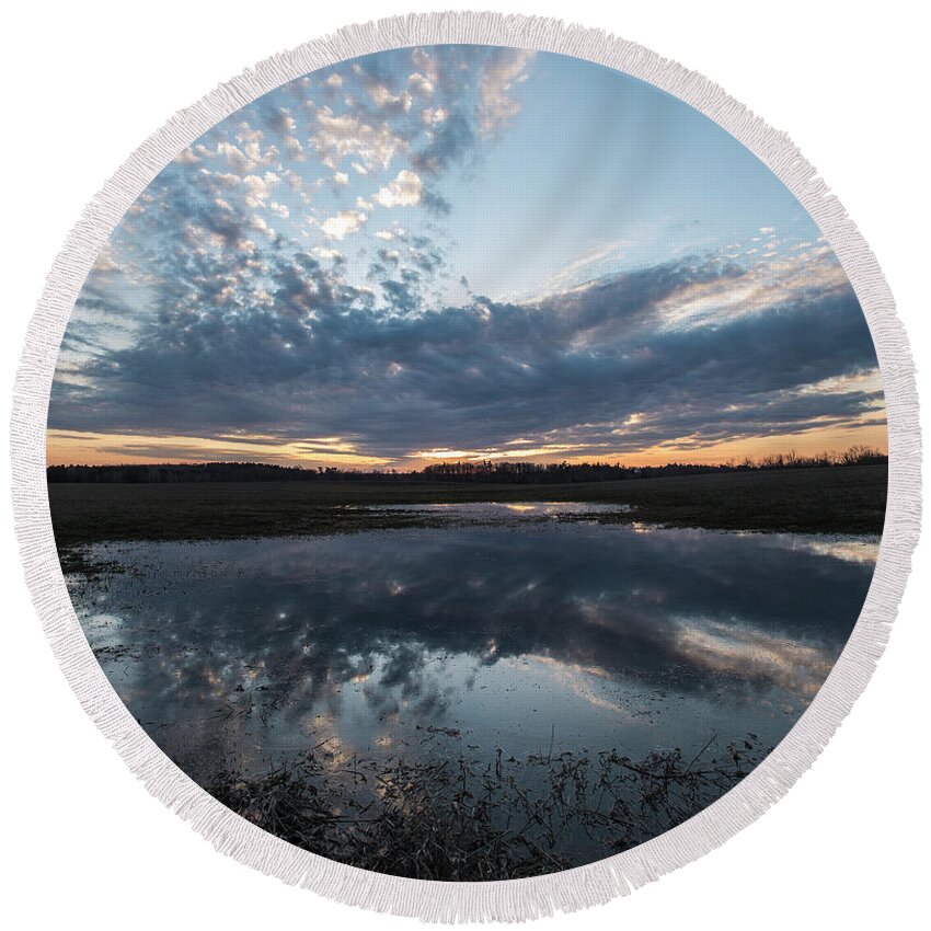 Pond Round Beach Towel featuring the photograph Pond and Sky Reflection3A by Steve Somerville