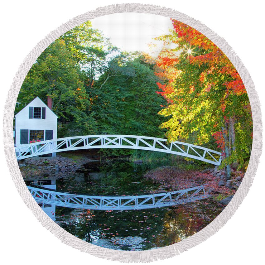 Reflection Round Beach Towel featuring the photograph Pond Bridge Reflection by Nancy Dunivin