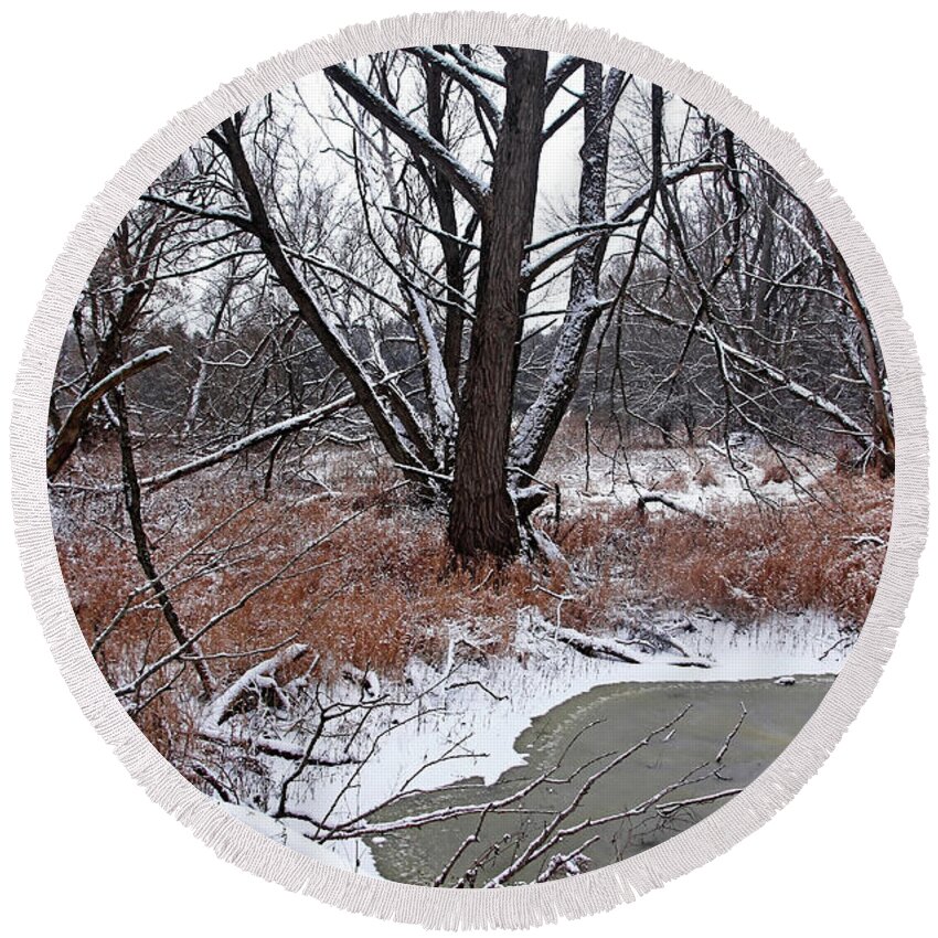 Winter Round Beach Towel featuring the photograph Pond In The Woods by Debbie Oppermann