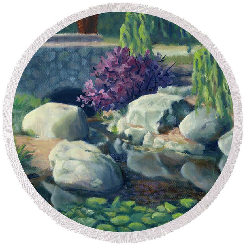 Pond Round Beach Towel featuring the painting Pond of Reflection by Sandy Fisher
