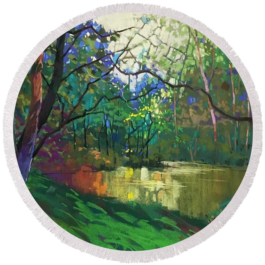 Leavenworth Round Beach Towel featuring the painting Pond story by Celine K Yong