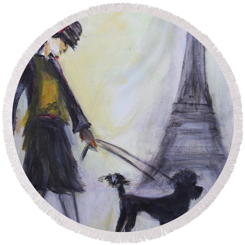 Lady Round Beach Towel featuring the painting Poodle in Paris by Denice Palanuk Wilson
