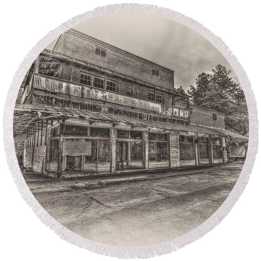 Old Buildings Round Beach Towel featuring the photograph Poole's Crossroad in Sepia by Harry B Brown