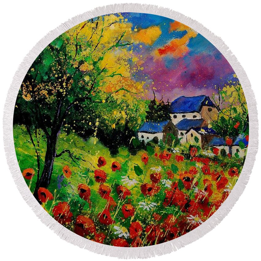 Landscape Round Beach Towel featuring the painting Poppies and daisies 560110 by Pol Ledent