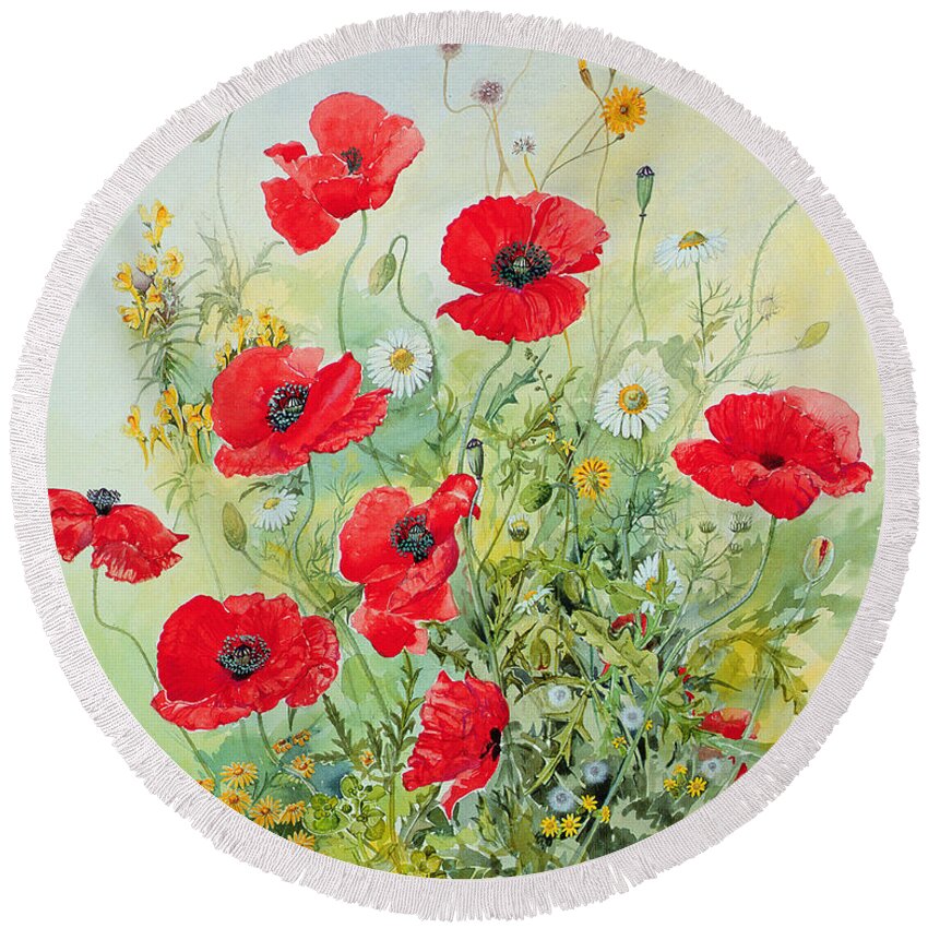 Flowers; Botanical; Flower; Poppies; Mayweed; Leaf; Leafs; Leafy; Flower; Red Flower; White Flower; Yellow Flower; Poppie; Mayweeds Round Beach Towel featuring the painting Poppies and Mayweed by John Gubbins