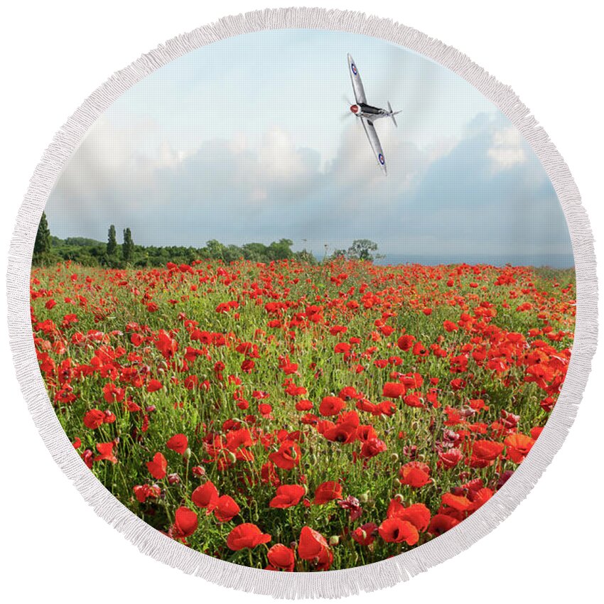 Spitfire Round Beach Towel featuring the photograph Poppies and SIlver Spitfire by Gary Eason