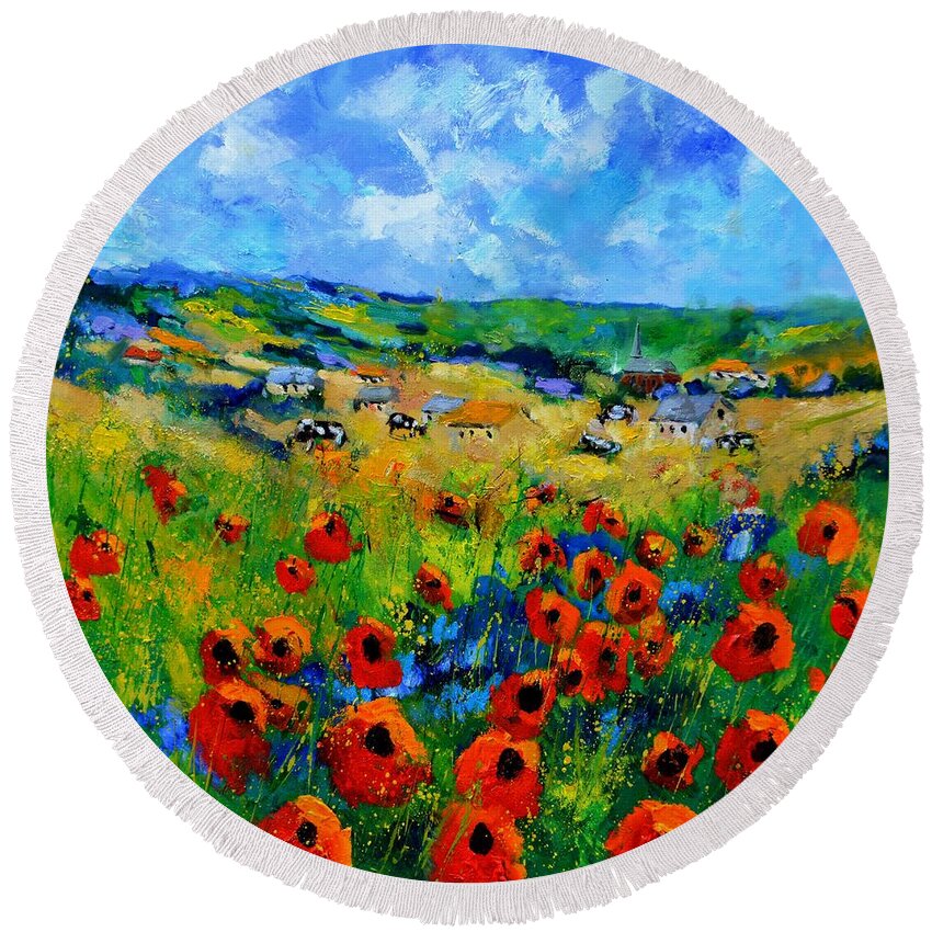 Landscape Round Beach Towel featuring the painting Poppies in Ieper by Pol Ledent