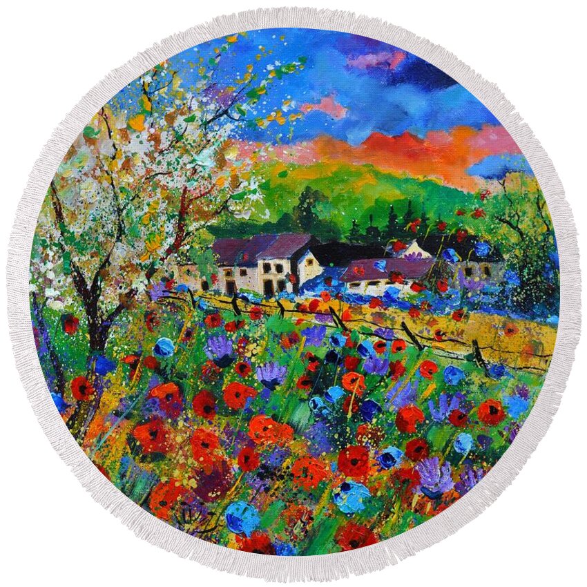 Poppies Round Beach Towel featuring the painting Poppies in Sorinnes by Pol Ledent