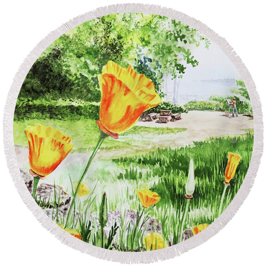 Poppies Round Beach Towel featuring the painting Poppies Of California by Irina Sztukowski