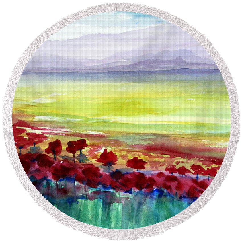 Floral Round Beach Towel featuring the painting Poppy Meadow 2 by Julie Lueders 