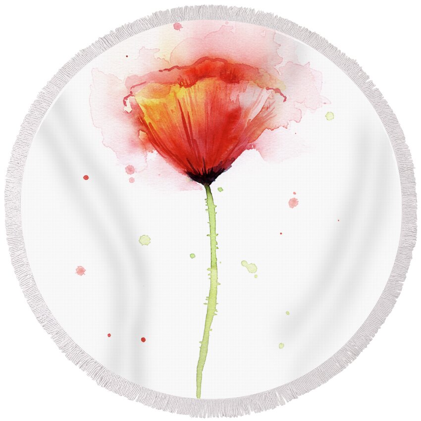 Watercolor Round Beach Towel featuring the painting Poppy Watercolor Red Abstract Flower by Olga Shvartsur