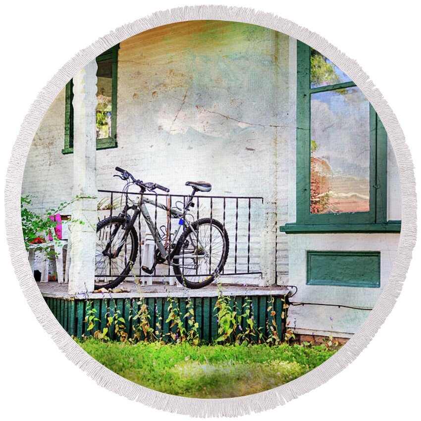 Bicycle Round Beach Towel featuring the photograph Porch and Window Fan Bicycle by Craig J Satterlee