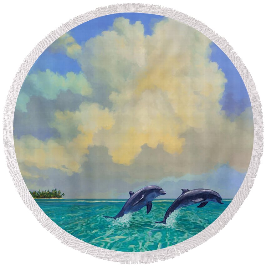 Dolphins Round Beach Towel featuring the painting Porpoiseful Play by David Van Hulst