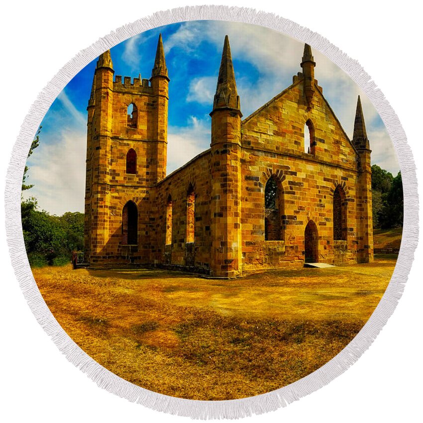 Port Arthur Round Beach Towel featuring the photograph Port Arther Church by Richard Gehlbach