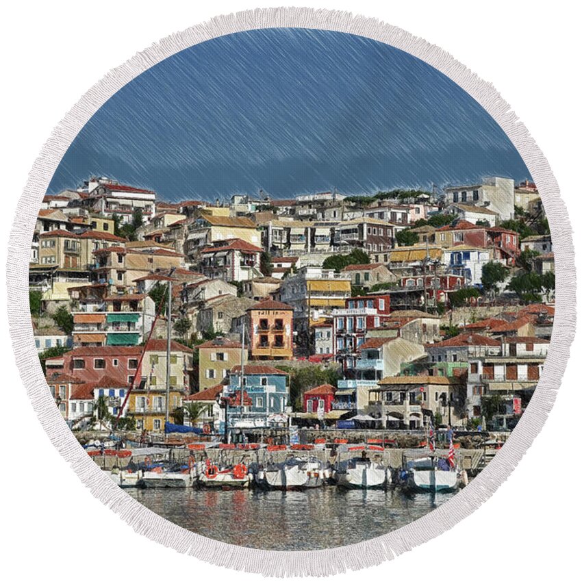 Parga Round Beach Towel featuring the drawing Port City Parga Greece - DWP1163344 by Dean Wittle