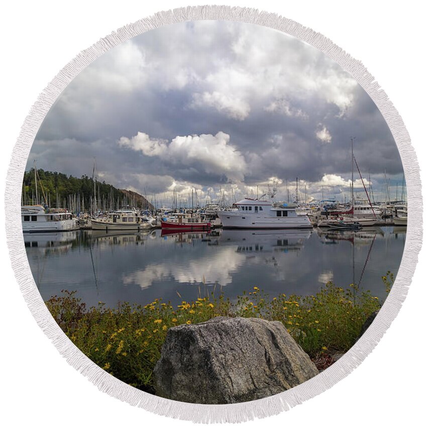 Port Round Beach Towel featuring the photograph Port of Anacortes Marina on a Cloudy Day by David Gn