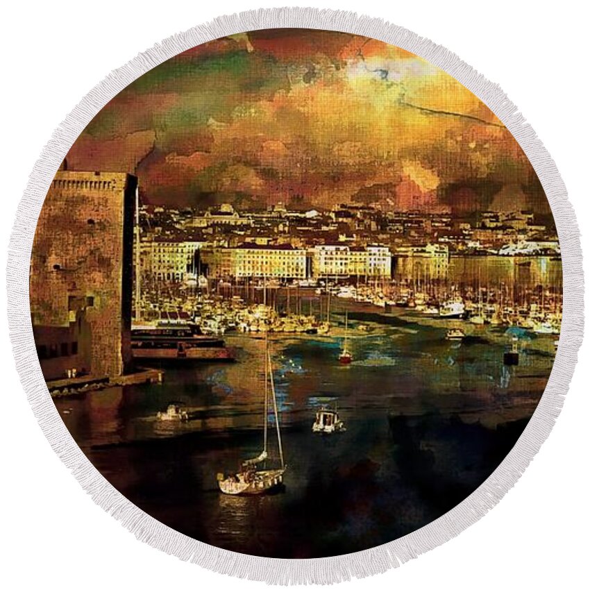 In Marseille Round Beach Towel featuring the photograph The old port of Marseille #2 by Jean Francois Gil