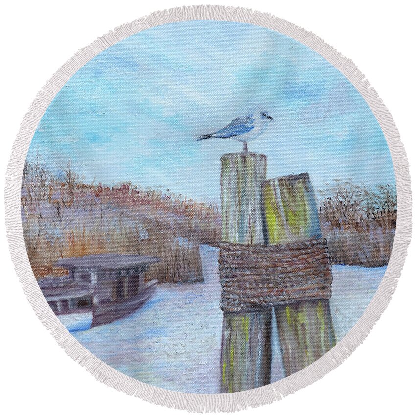 Seagull Round Beach Towel featuring the painting Port St. Joe by Kathy Knopp