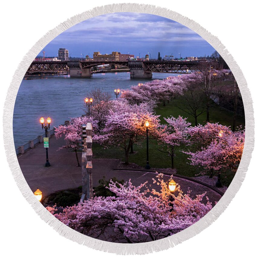 Trees Round Beach Towel featuring the photograph Portland Cherry Blossoms by Steven Clark
