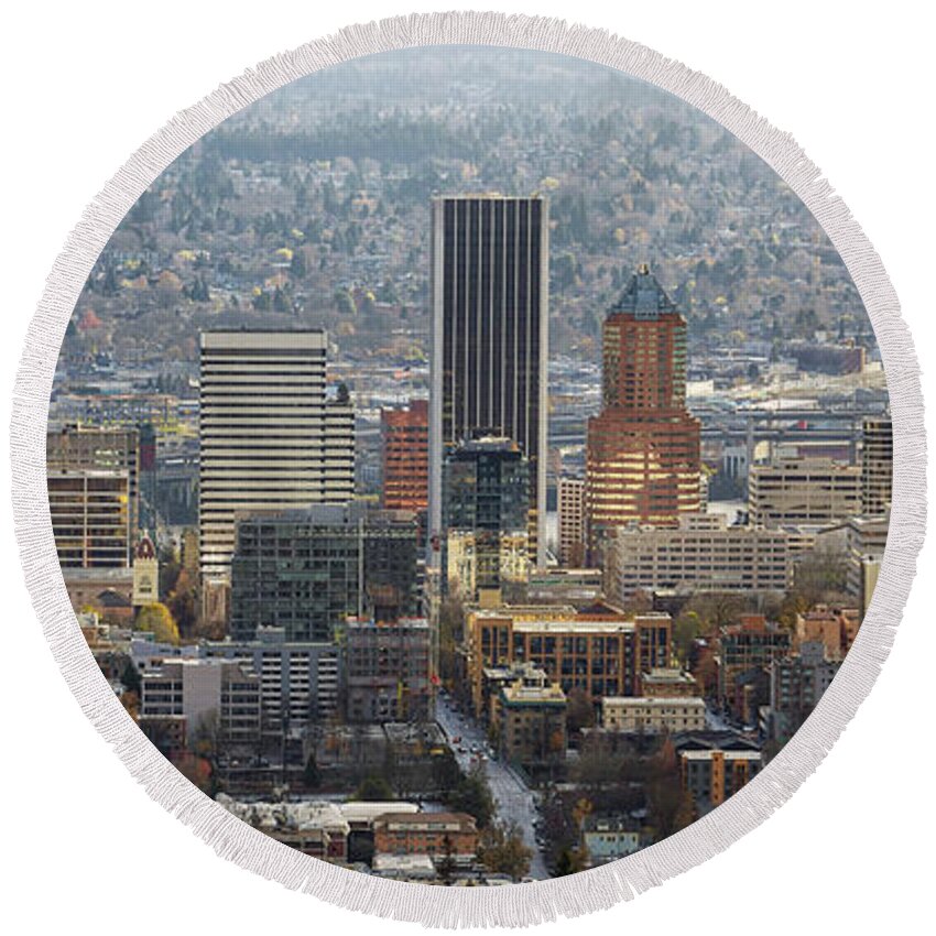 Portland Round Beach Towel featuring the photograph Portland City Downtown Cityscape Panorama by David Gn
