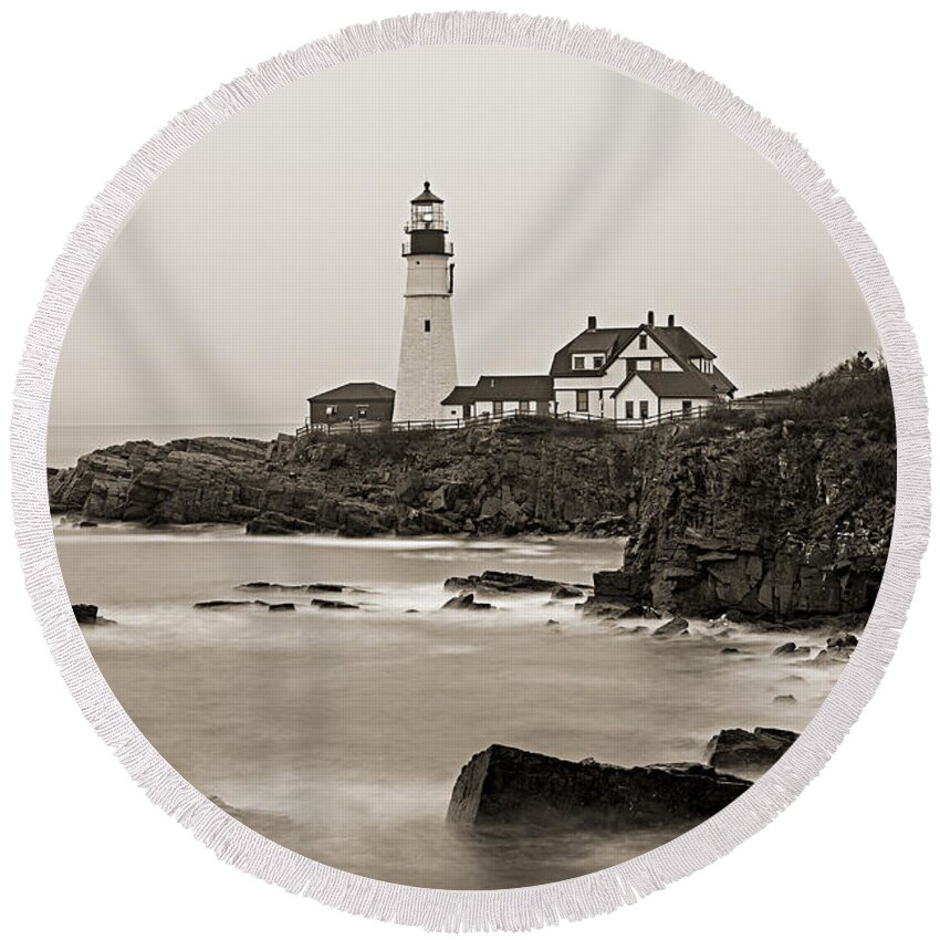 Vacationland Round Beach Towel featuring the photograph Portland Head Lighthouse foggy morning Sepia by David Smith