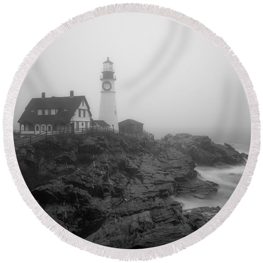 Vacationland Round Beach Towel featuring the photograph Portland Head Lighthouse in fog Black and White by David Smith