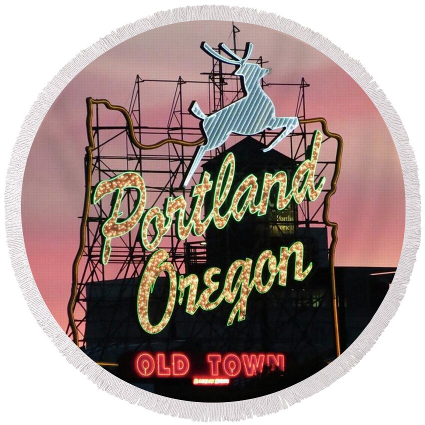 Portland Round Beach Towel featuring the photograph Portland Sign at Burnside by Tom Maxwell