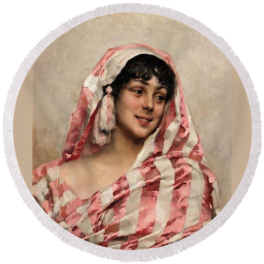Albert Edelfelt Round Beach Towel featuring the painting Portrait Of A Lady by MotionAge Designs