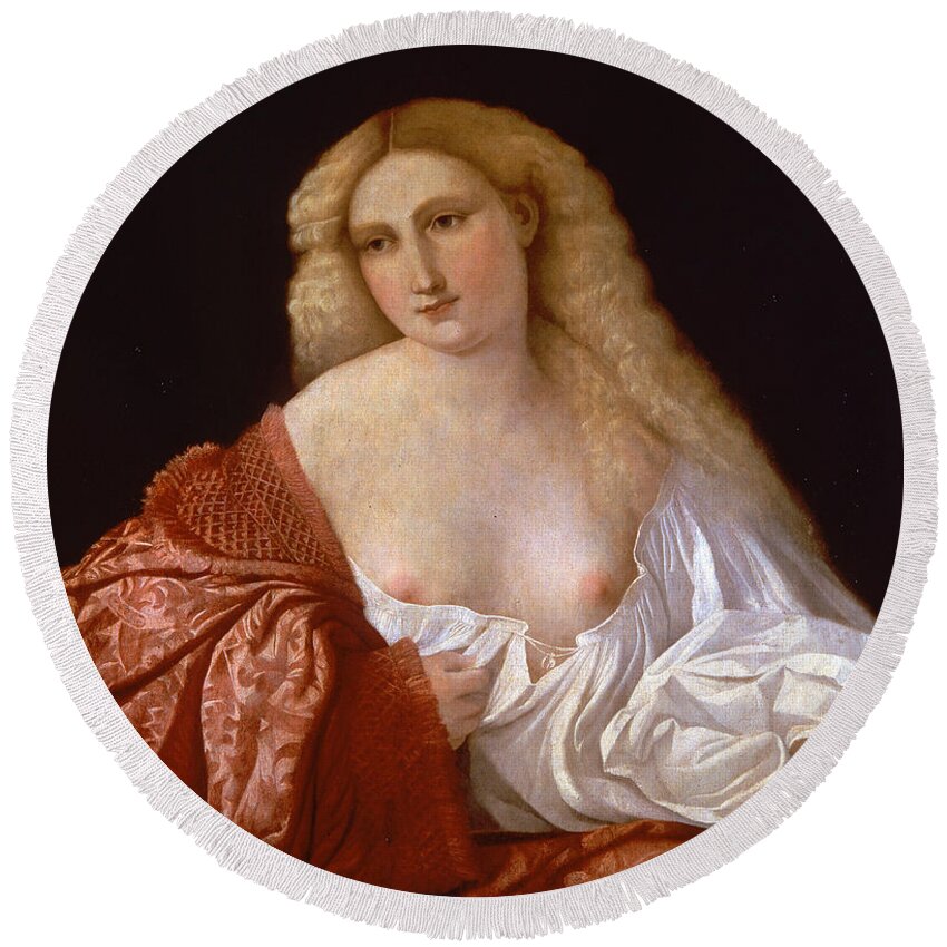 Palma Vecchio Round Beach Towel featuring the painting Portrait of a Woman know as Portrait of a Courtsesan by Palma Vecchio