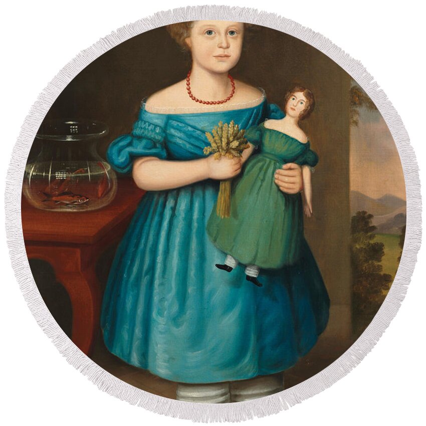 Girl Round Beach Towel featuring the painting Portrait of Amy Philpot in a Blue Dress with Doll and Goldfish by Joseph Whiting Stock