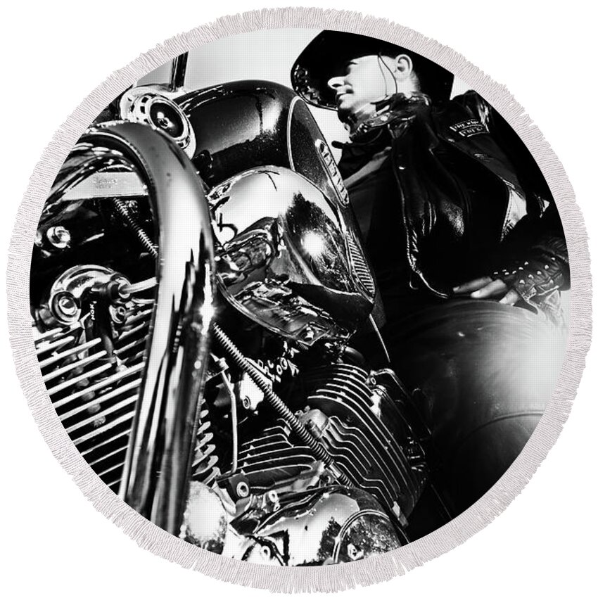 Motorcycle Round Beach Towel featuring the photograph Portrait of biker man sitting on motorcycle - black and white by Dimitar Hristov